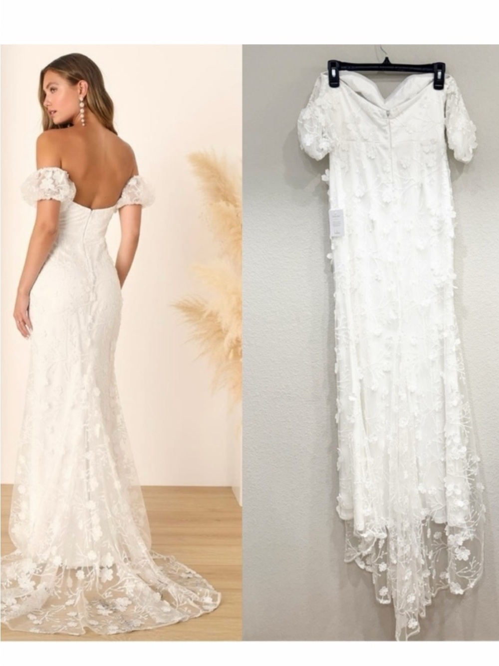 Lulu's White Off-Shoulder Floral Lace Wedding Dress
